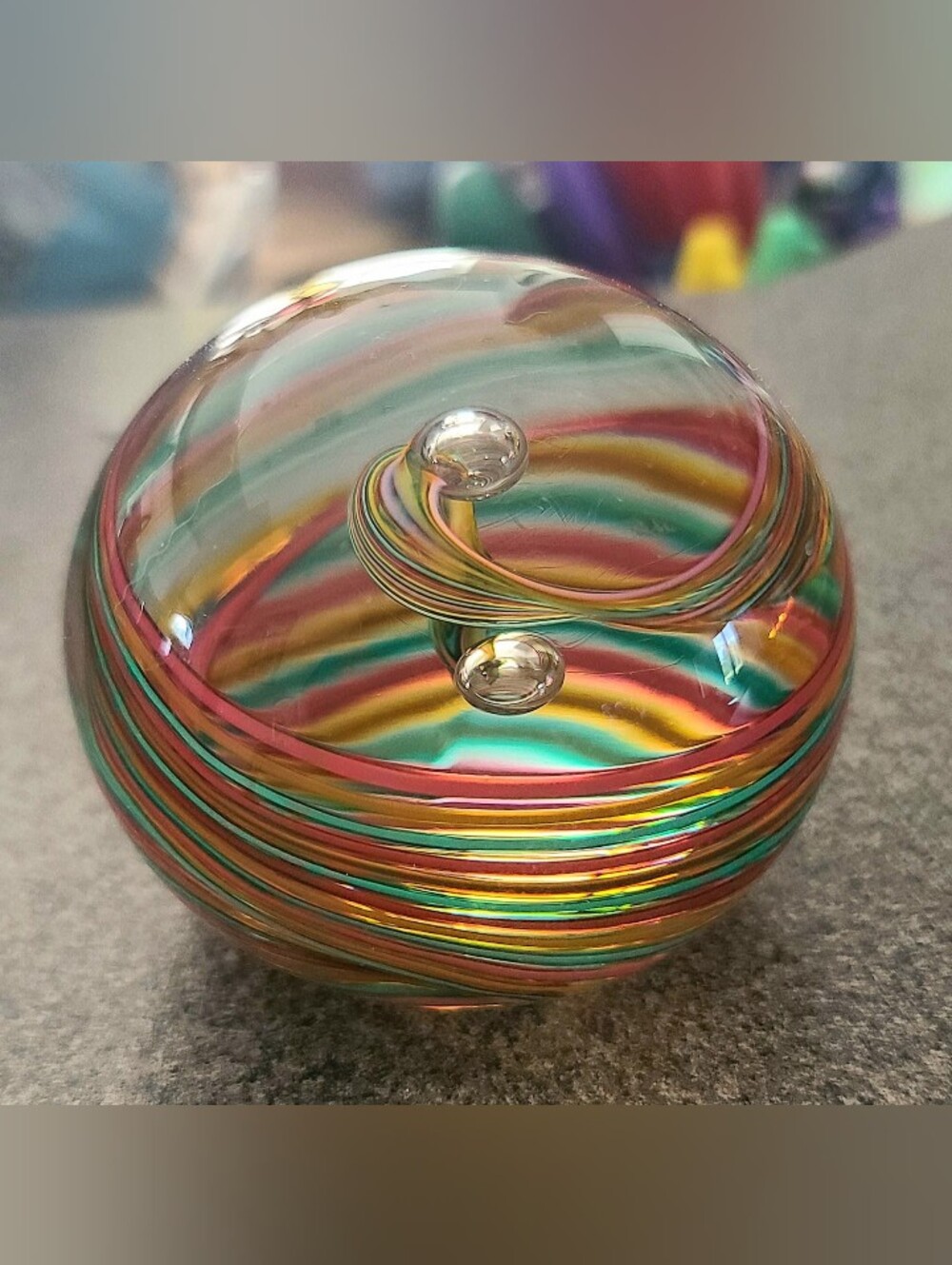 Multicolor Swirled Art Glass Marble Paperweight Sphere - Signed